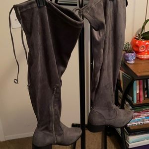 Grey thigh high boots, wide calf size 8